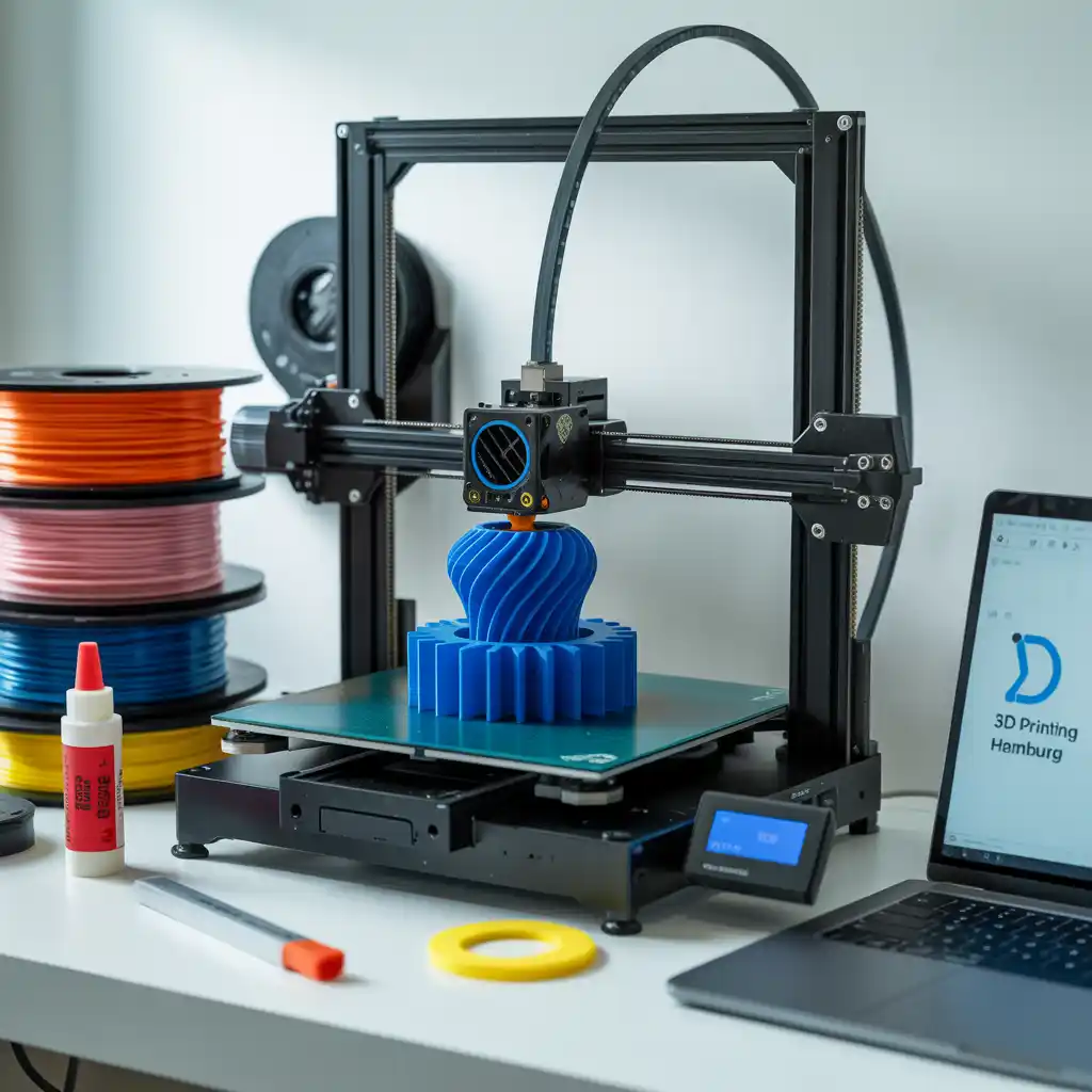 Offener 3D-Drucker beim Drucken eines blauen Objekts, daneben Filamentspulen in Orange, Pink und Blau – modernes 3D-Druck Zubehör im Einsatz beim Filamentkontor Hamburg
