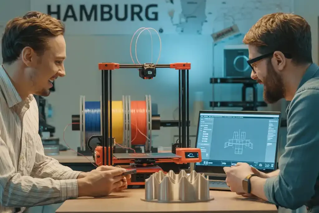 Zwei Männer arbeiten gemeinsam an einem 3D-Druckprojekt mit einem offenen FDM-Drucker, farbigen Filamentspulen und CAD-Software im Hintergrund – Filamentkontor Hamburg unterstützt Industrie & Privatkunden.